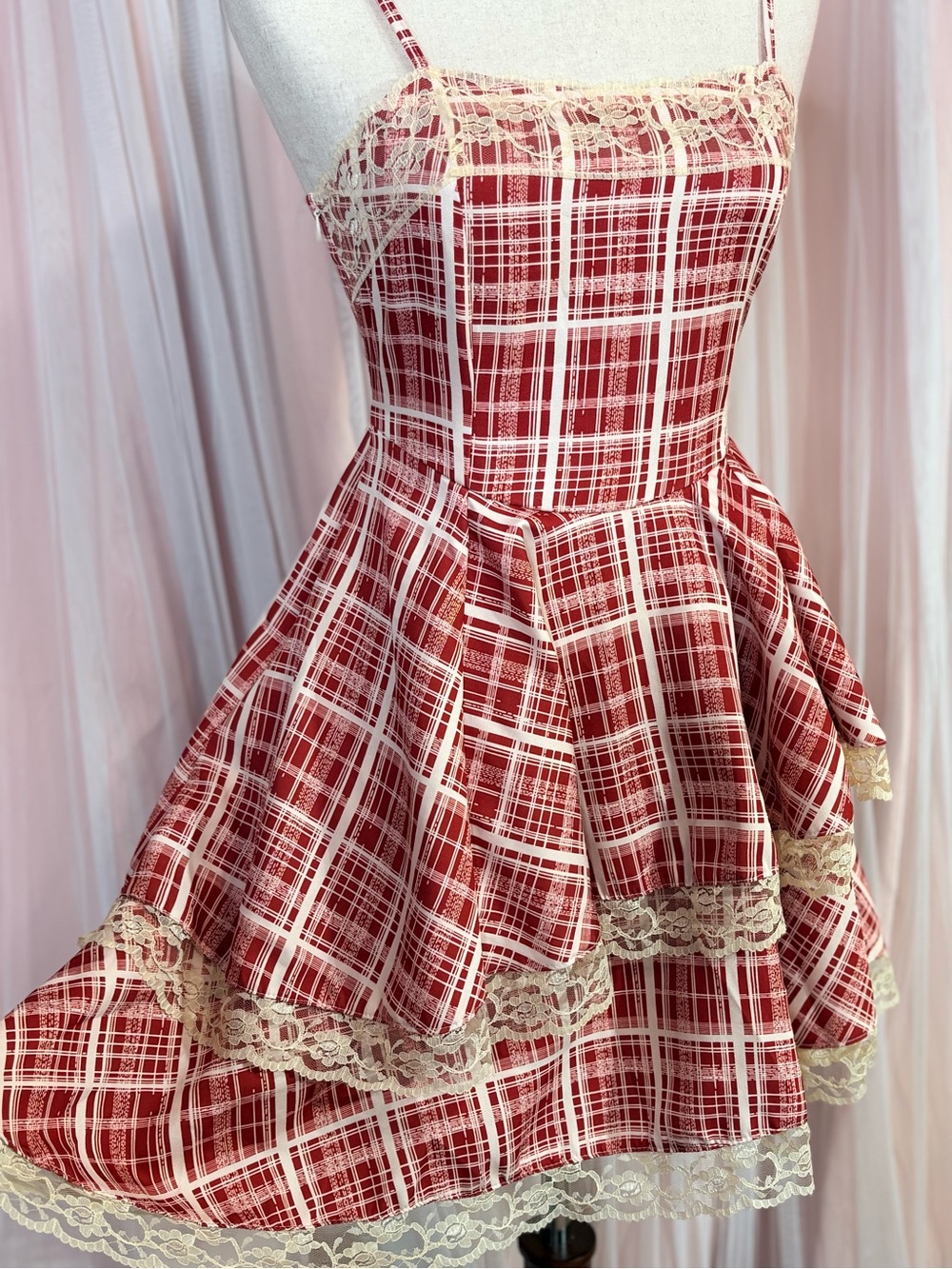 Red Plaid Lace Tiered Cottagecore Coquette Mini Dress Size M - Picture 5 of 16